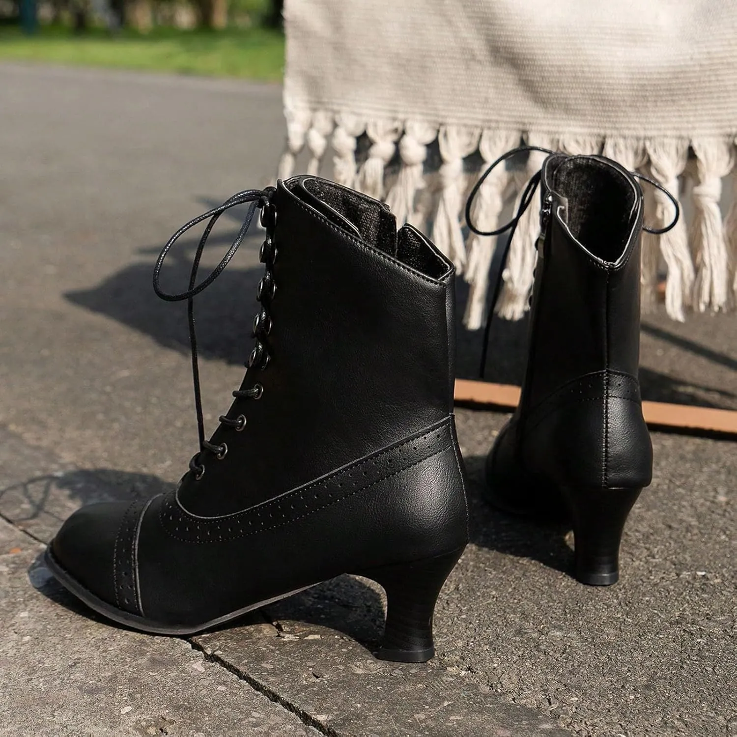 Victorian Boots for Women Vintage Granny Boots Renaissance Lace Up Low Heel Booties with Side Zippers Ankle Boots