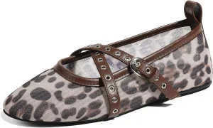 VIMISAOI Leopard Flats for Women Mesh Ballet Flats with Strappy Fishnet Buckle Round Toe Mary Jane Ballerina Shoes Dress Shoes