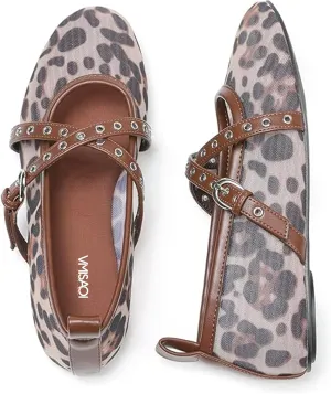 VIMISAOI Leopard Flats for Women Mesh Ballet Flats with Strappy Fishnet Buckle Round Toe Mary Jane Ballerina Shoes Dress Shoes