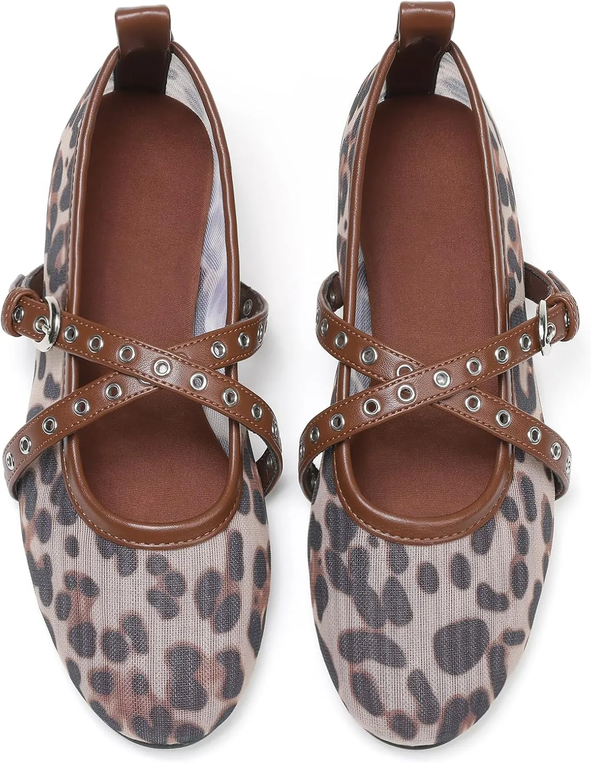 VIMISAOI Leopard Flats for Women Mesh Ballet Flats with Strappy Fishnet Buckle Round Toe Mary Jane Ballerina Shoes Dress Shoes