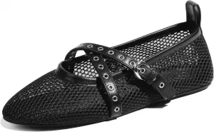 VIMISAOI Leopard Flats for Women Mesh Ballet Flats with Strappy Fishnet Buckle Round Toe Mary Jane Ballerina Shoes Dress Shoes