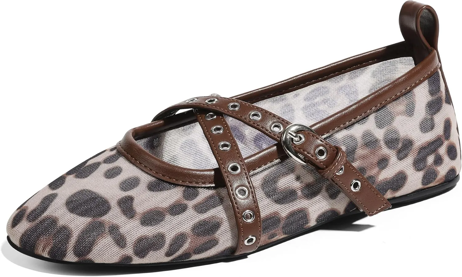 VIMISAOI Leopard Flats for Women Mesh Ballet Flats with Strappy Fishnet Buckle Round Toe Mary Jane Ballerina Shoes Dress Shoes