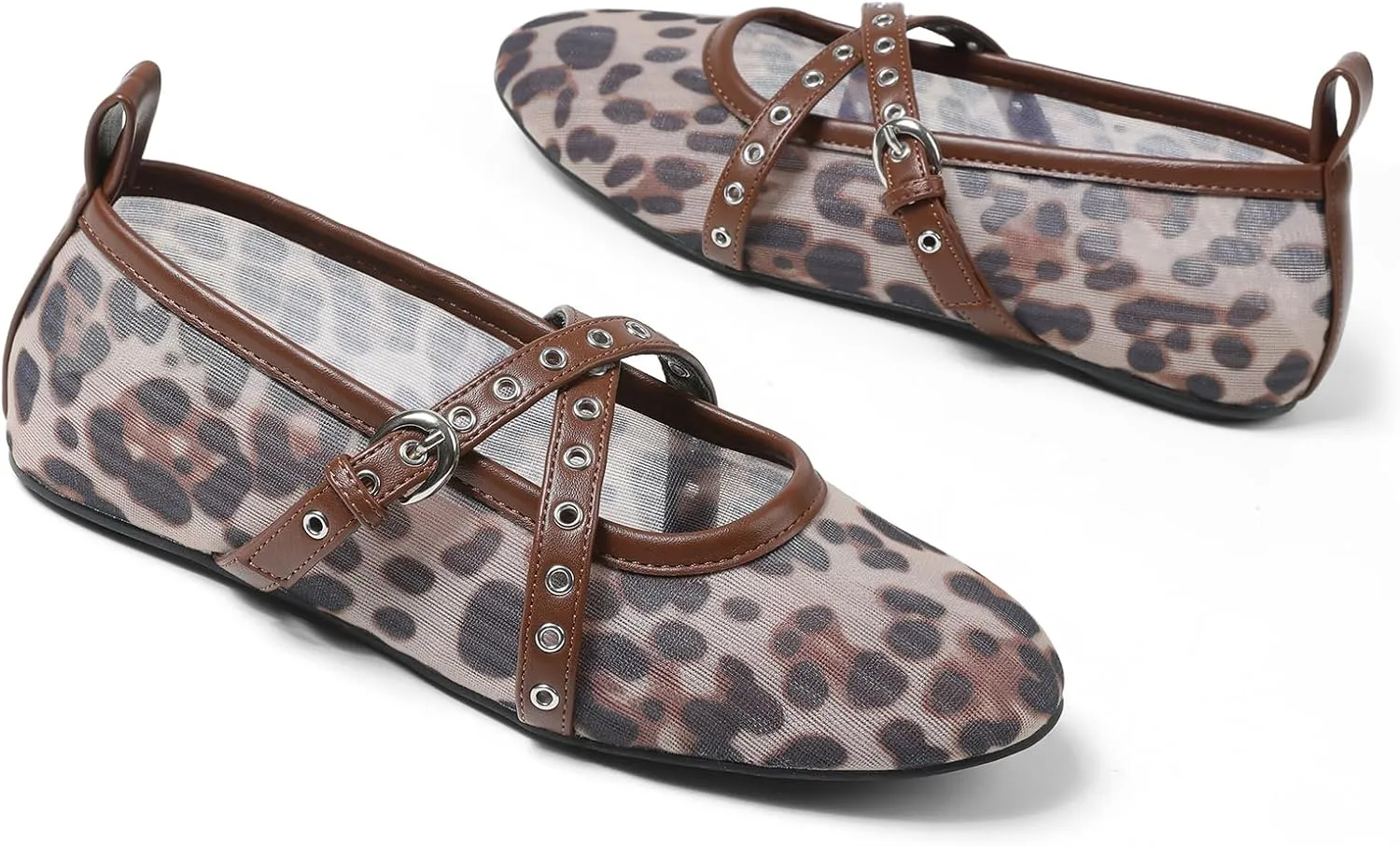 VIMISAOI Leopard Flats for Women Mesh Ballet Flats with Strappy Fishnet Buckle Round Toe Mary Jane Ballerina Shoes Dress Shoes