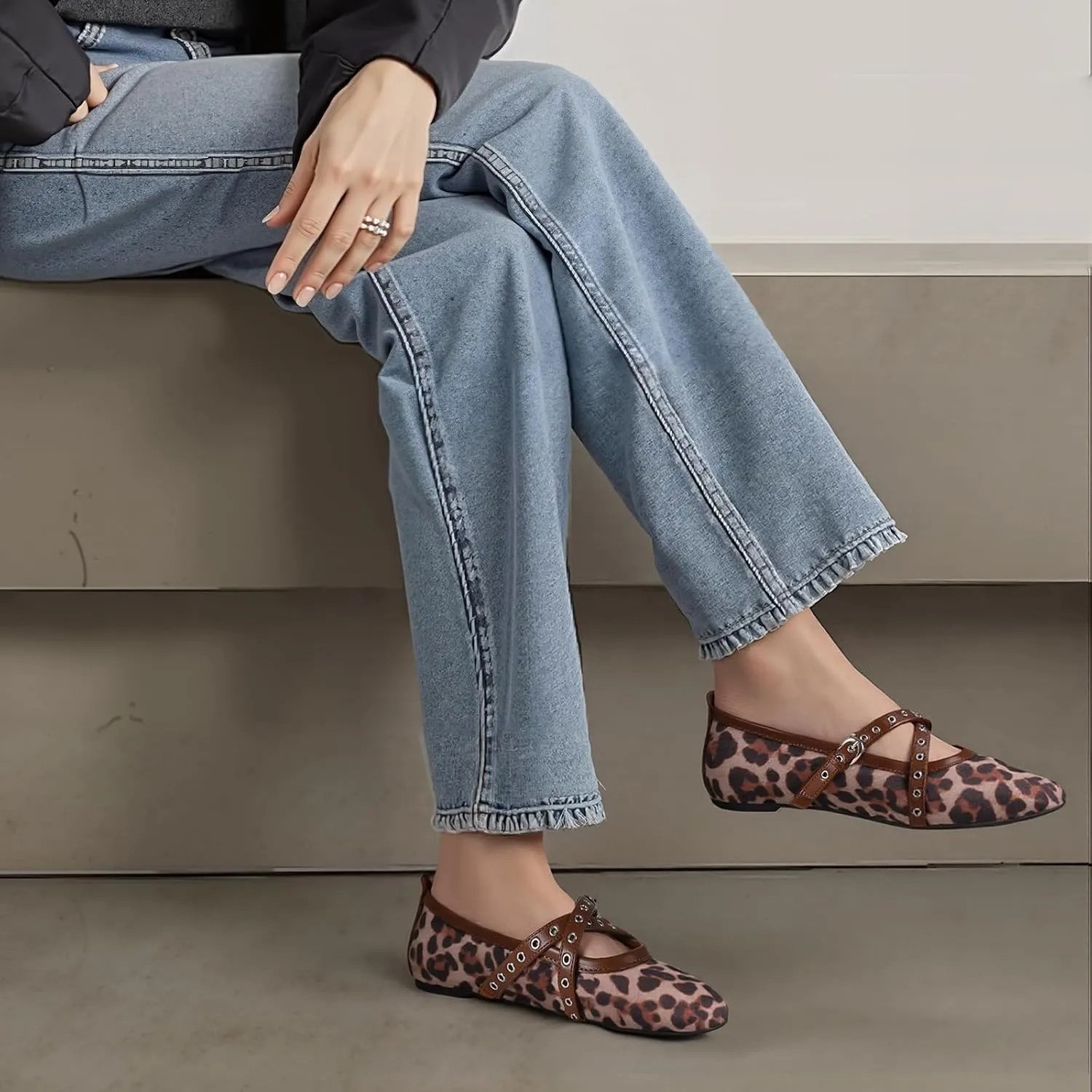 VIMISAOI Leopard Flats for Women Mesh Ballet Flats with Strappy Fishnet Buckle Round Toe Mary Jane Ballerina Shoes Dress Shoes