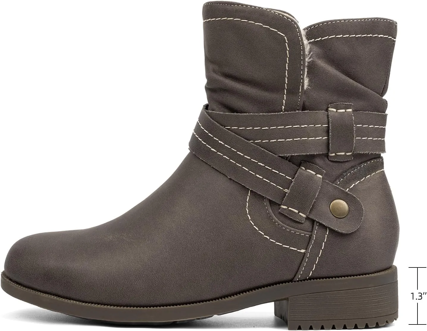 VJH confort Women's Mid Calf Boots, Fur Lined Round Toe Low heel Cross Straps Slouchy Booties with Zipper