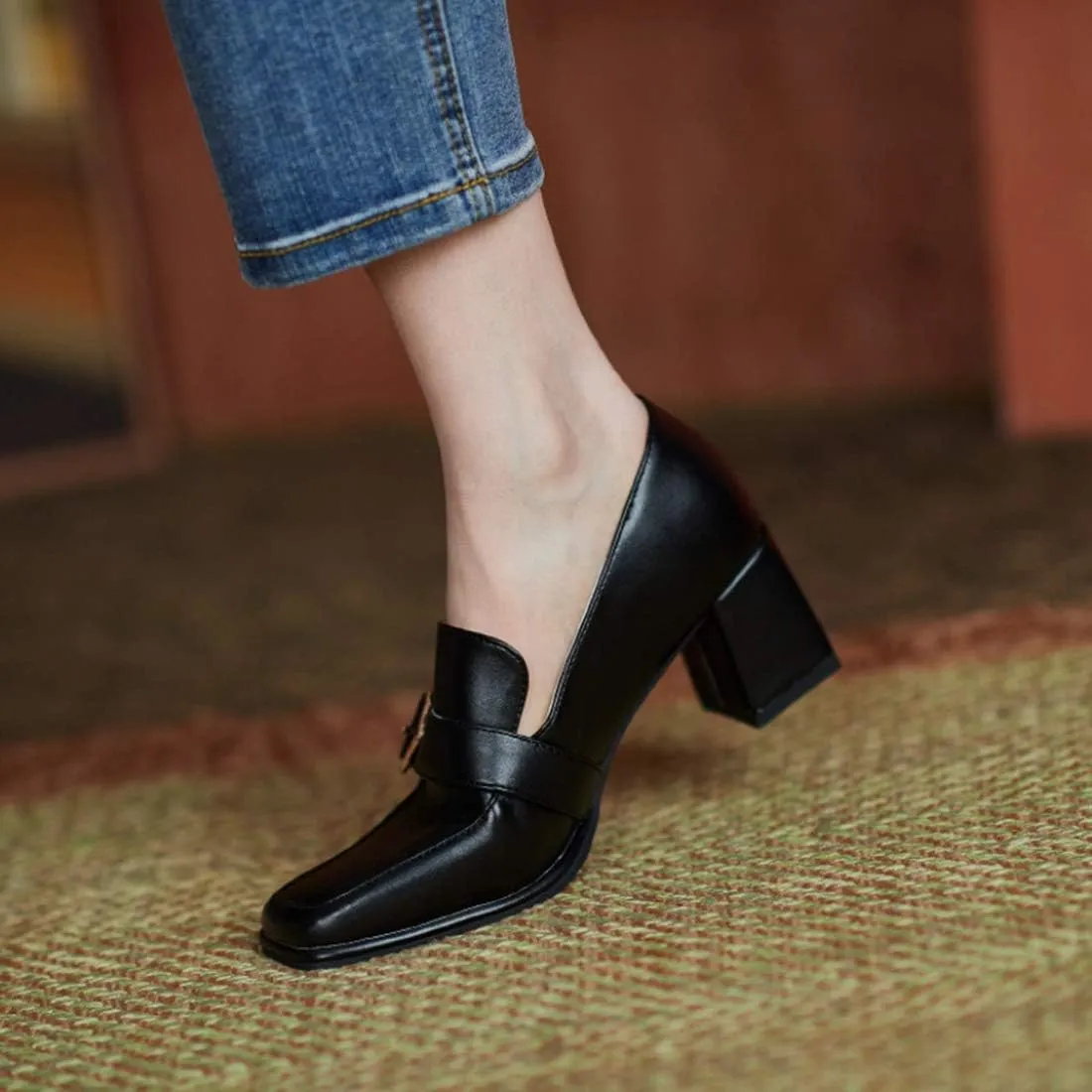 VOKLIN Women's Fashion Buckle Square Toe Dress Pumps Slip On Chunky Block High Heel Work Office Pump Shoes