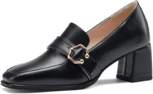 VOKLIN Women's Fashion Buckle Square Toe Dress Pumps Slip On Chunky Block High Heel Work Office Pump Shoes