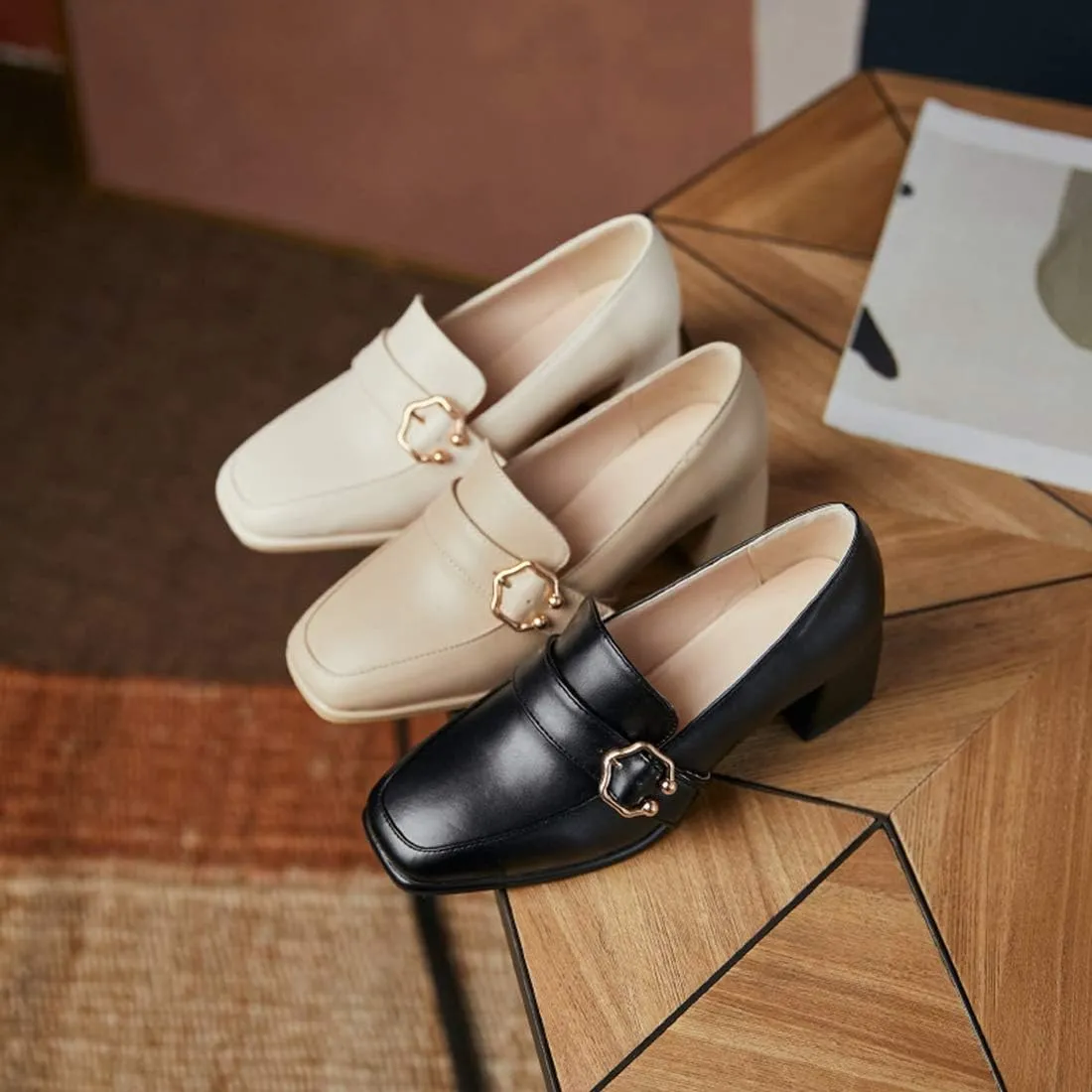 VOKLIN Women's Fashion Buckle Square Toe Dress Pumps Slip On Chunky Block High Heel Work Office Pump Shoes