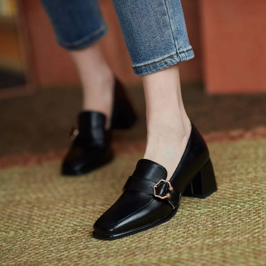 VOKLIN Women's Fashion Buckle Square Toe Dress Pumps Slip On Chunky Block High Heel Work Office Pump Shoes