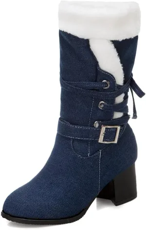 VOKLIN Women's Round Toe Denim Mid Calf Dressy Boots Buckle Fur Lace Up Chunky Block Mid Heels Snow Boots