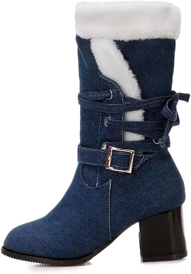 VOKLIN Women's Round Toe Denim Mid Calf Dressy Boots Buckle Fur Lace Up Chunky Block Mid Heels Snow Boots