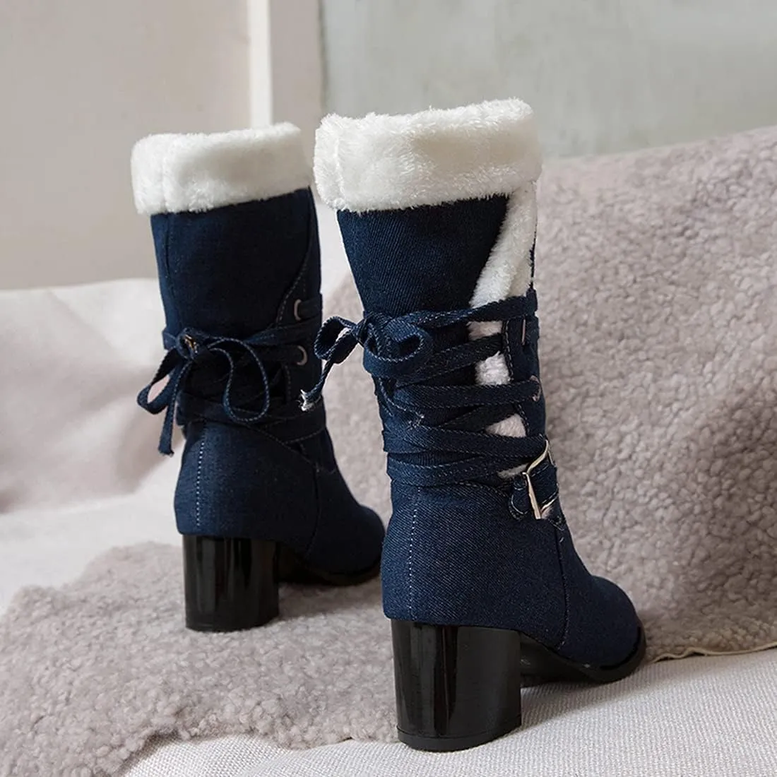 VOKLIN Women's Round Toe Denim Mid Calf Dressy Boots Buckle Fur Lace Up Chunky Block Mid Heels Snow Boots