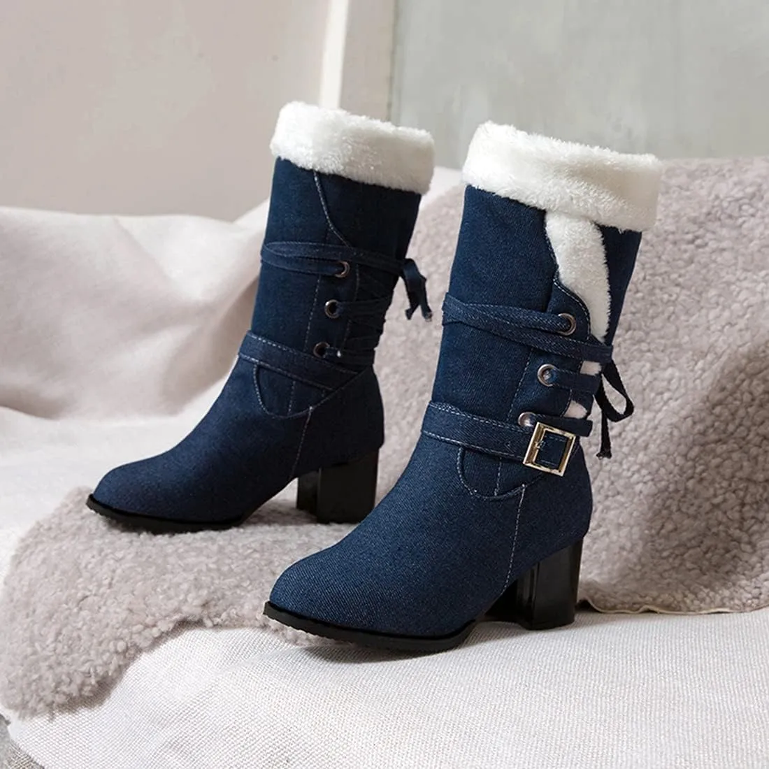 VOKLIN Women's Round Toe Denim Mid Calf Dressy Boots Buckle Fur Lace Up Chunky Block Mid Heels Snow Boots