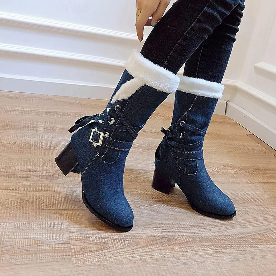 VOKLIN Women's Round Toe Denim Mid Calf Dressy Boots Buckle Fur Lace Up Chunky Block Mid Heels Snow Boots