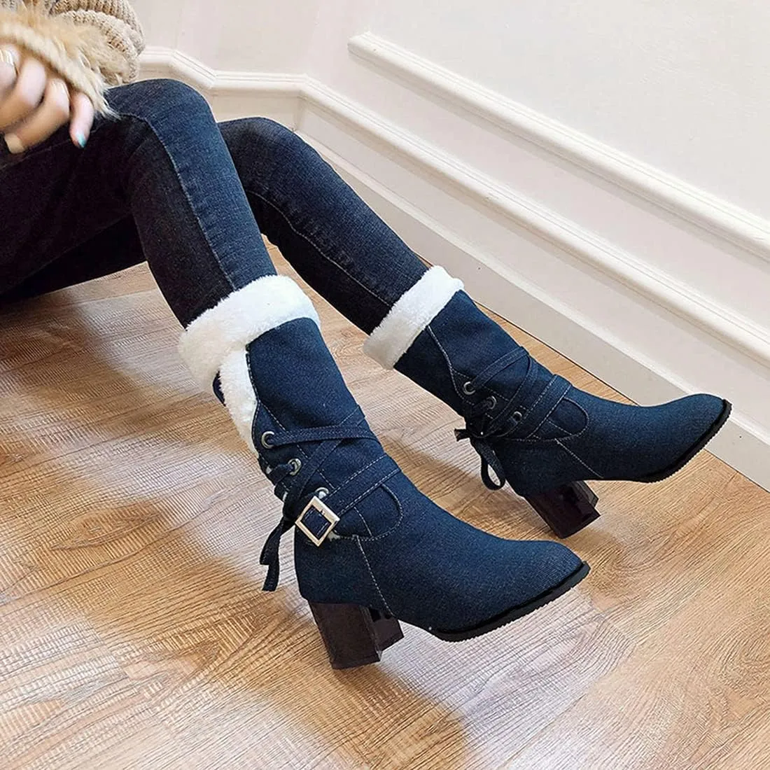 VOKLIN Women's Round Toe Denim Mid Calf Dressy Boots Buckle Fur Lace Up Chunky Block Mid Heels Snow Boots