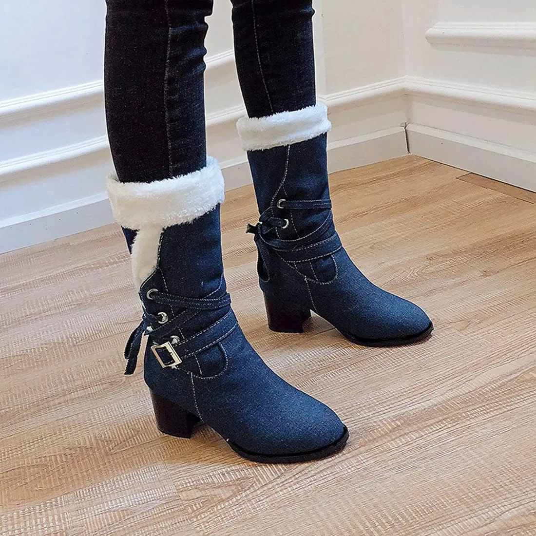 VOKLIN Women's Round Toe Denim Mid Calf Dressy Boots Buckle Fur Lace Up Chunky Block Mid Heels Snow Boots
