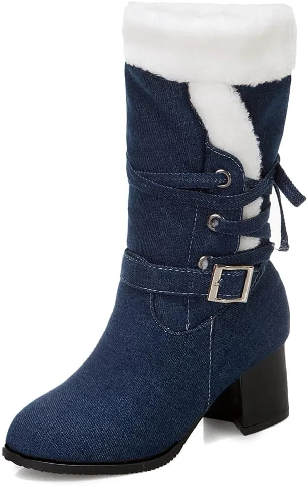 VOKLIN Women's Round Toe Denim Mid Calf Dressy Boots Buckle Fur Lace Up Chunky Block Mid Heels Snow Boots