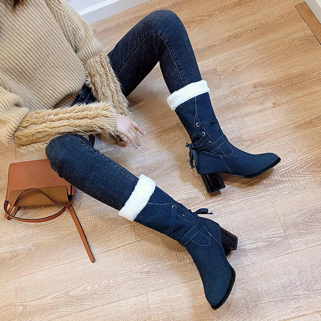 VOKLIN Women's Round Toe Denim Mid Calf Dressy Boots Buckle Fur Lace Up Chunky Block Mid Heels Snow Boots