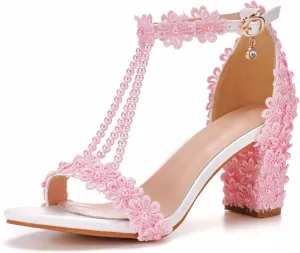Vujkliy Women's Sandals Pump Round Toe Lace Beaded Square Heel Chunky Heel Sandals Sexy Banquet Wedding 7Cm/2.7In Large Size Sandals