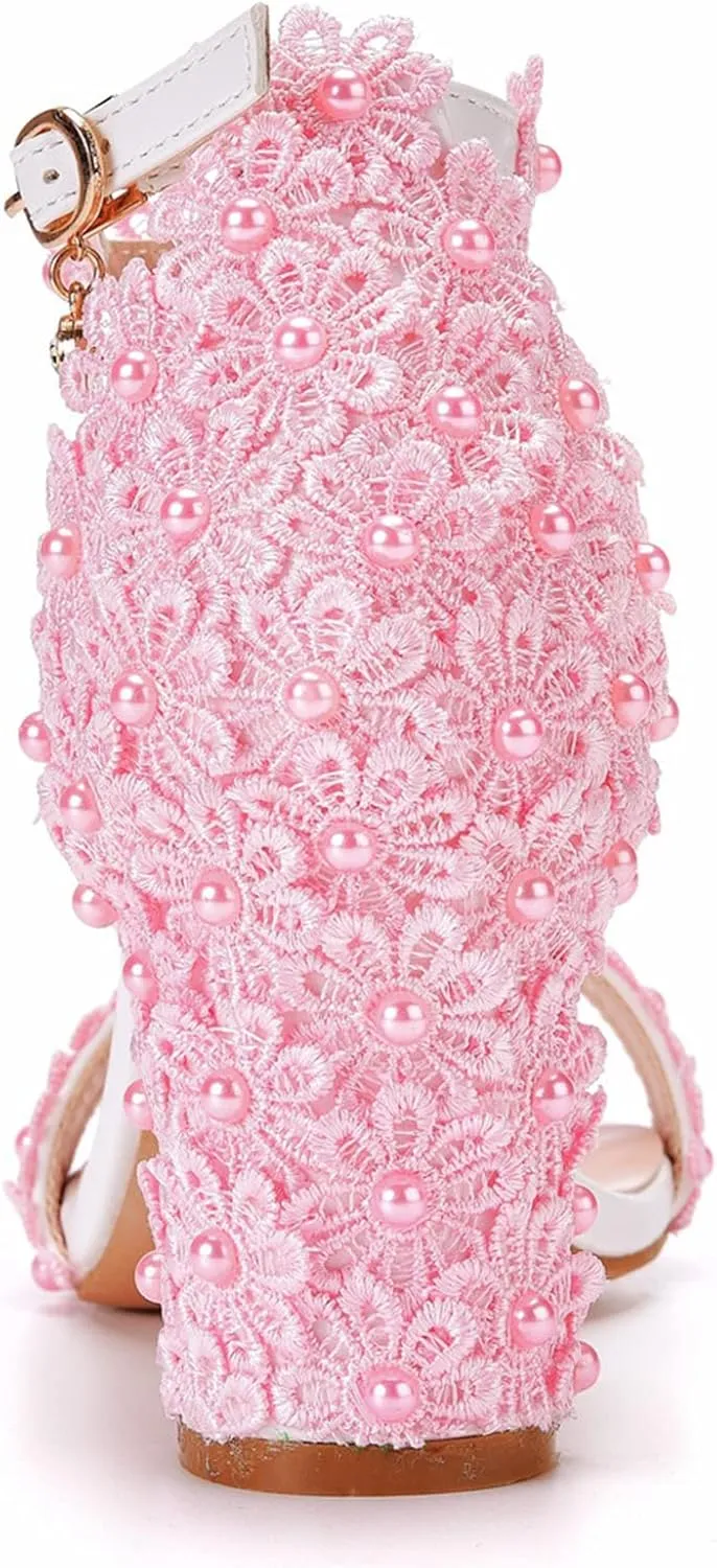 Vujkliy Women's Sandals Pump Round Toe Lace Beaded Square Heel Chunky Heel Sandals Sexy Banquet Wedding 7Cm/2.7In Large Size Sandals