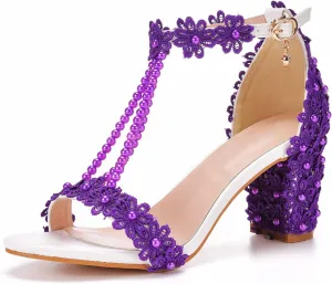 Vujkliy Women's Sandals Pump Round Toe Lace Beaded Square Heel Chunky Heel Sandals Sexy Banquet Wedding 7Cm/2.7In Large Size Sandals