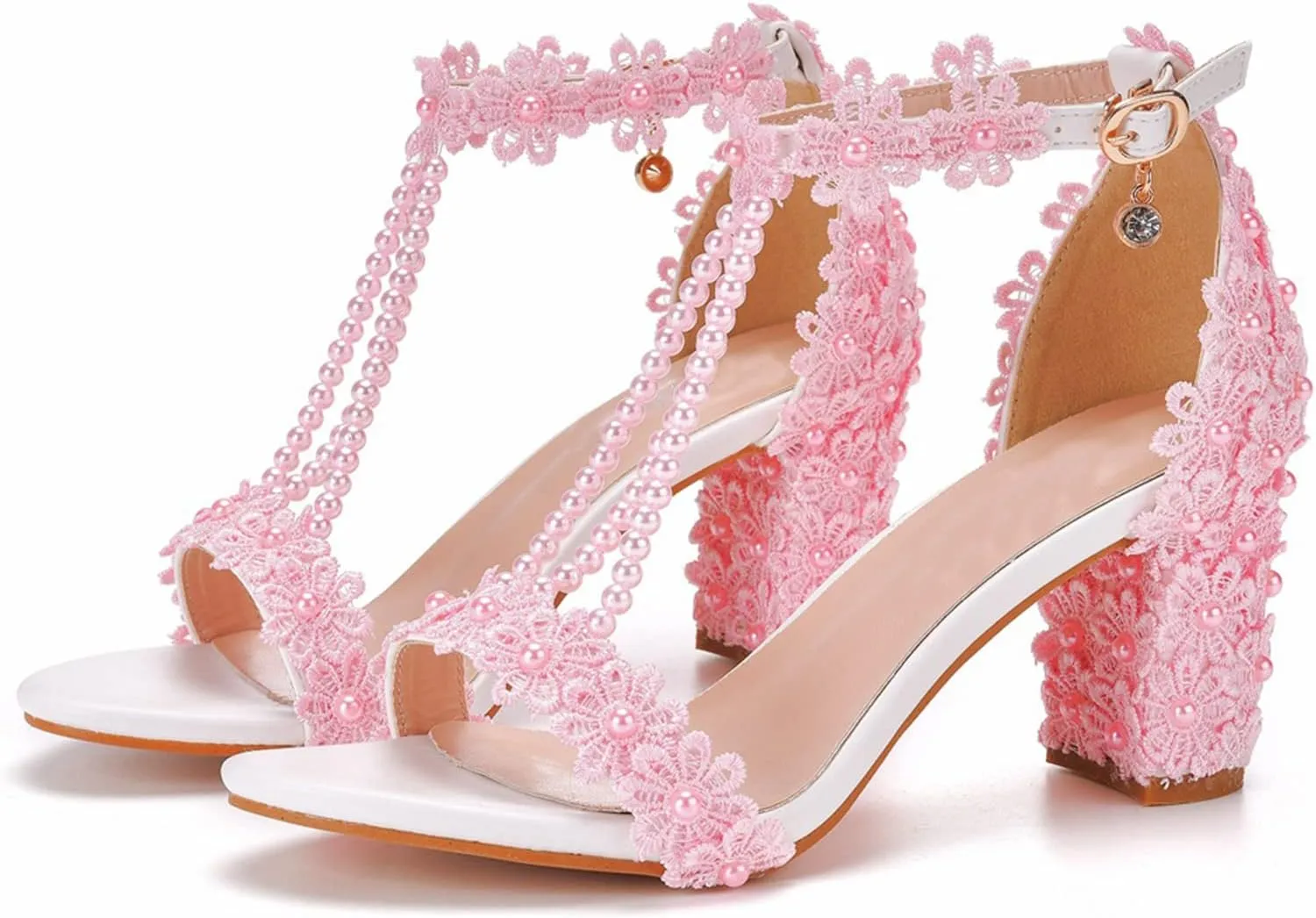 Vujkliy Women's Sandals Pump Round Toe Lace Beaded Square Heel Chunky Heel Sandals Sexy Banquet Wedding 7Cm/2.7In Large Size Sandals
