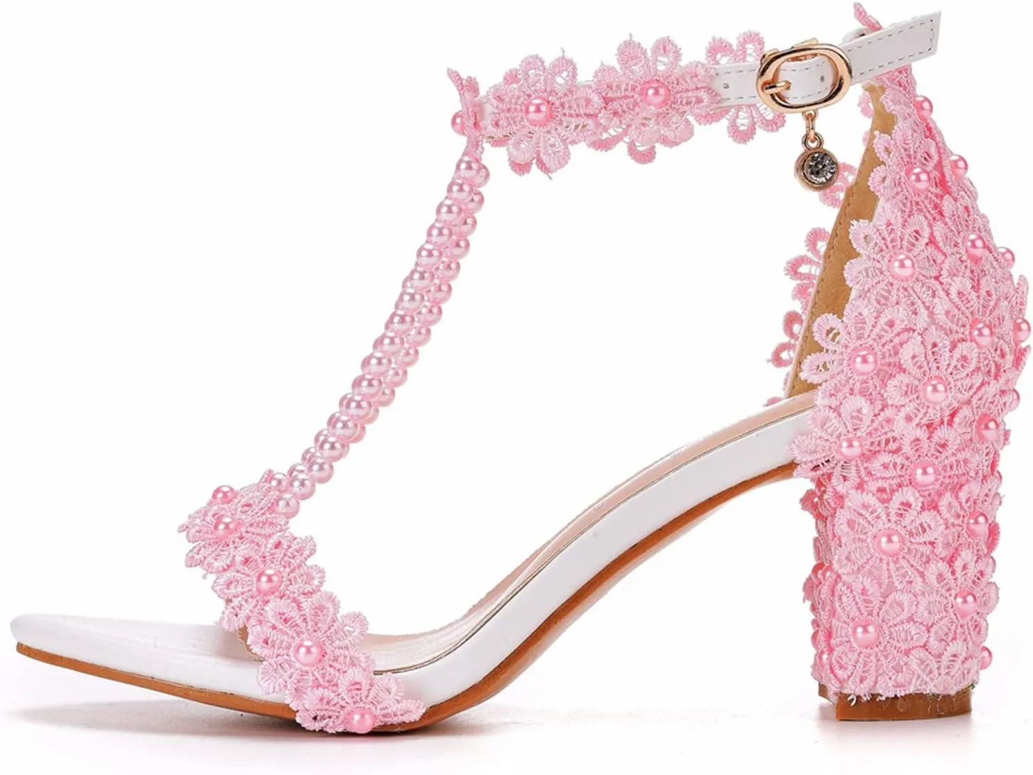 Vujkliy Women's Sandals Pump Round Toe Lace Beaded Square Heel Chunky Heel Sandals Sexy Banquet Wedding 7Cm/2.7In Large Size Sandals
