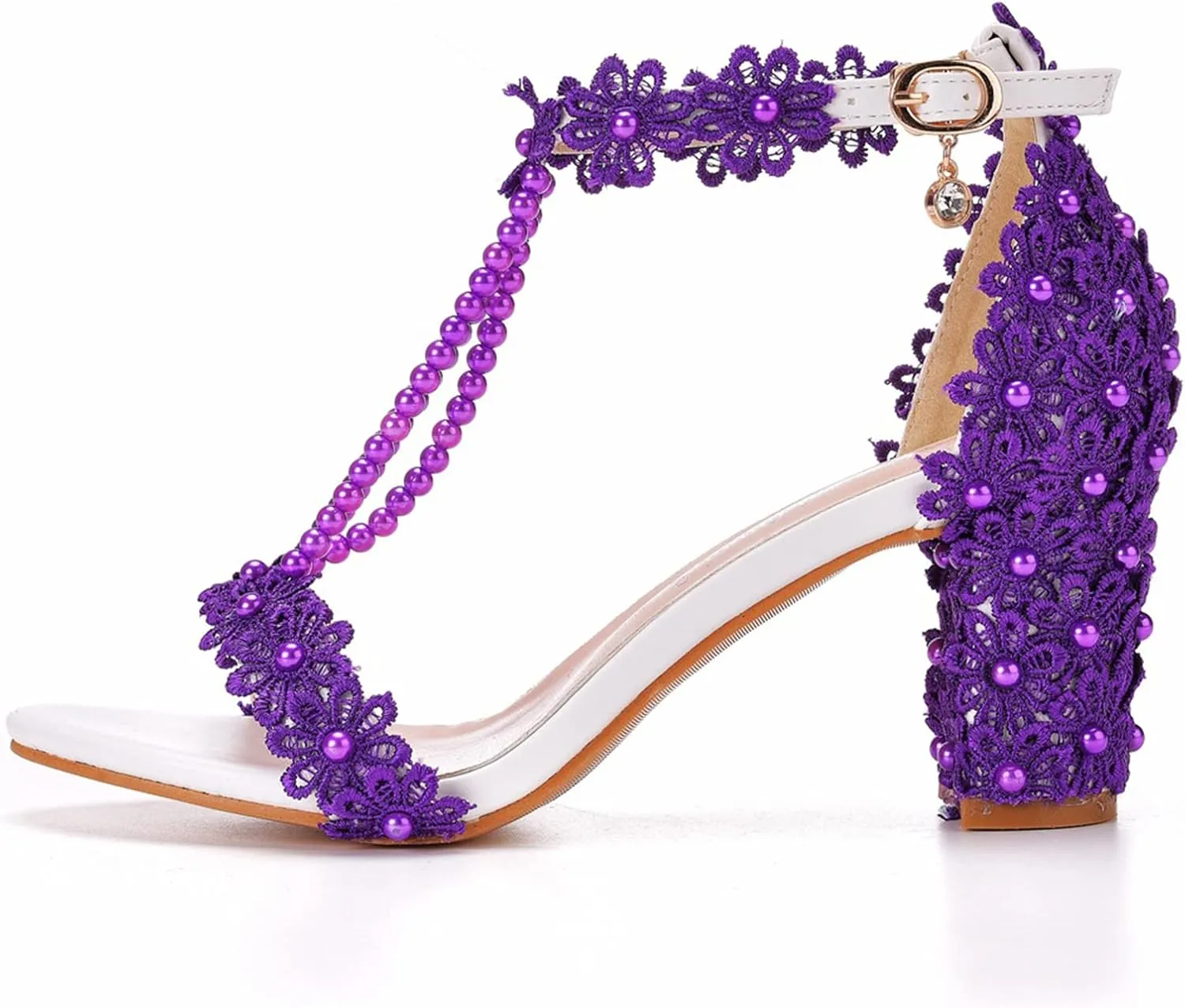 Vujkliy Women's Sandals Pump Round Toe Lace Beaded Square Heel Chunky Heel Sandals Sexy Banquet Wedding 7Cm/2.7In Large Size Sandals