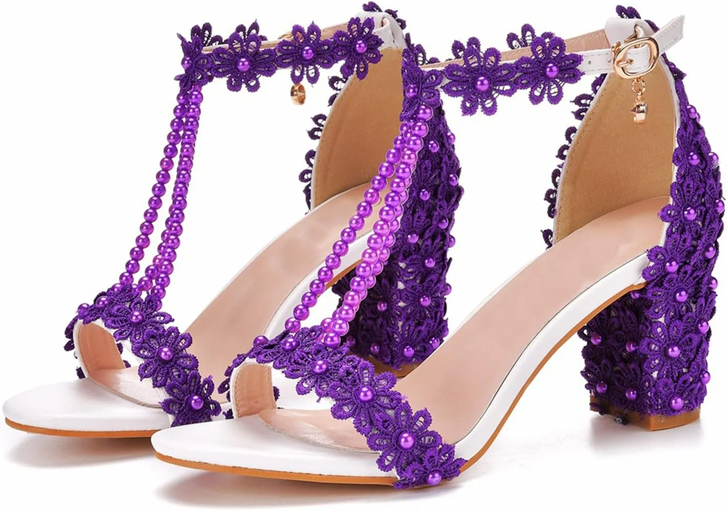 Vujkliy Women's Sandals Pump Round Toe Lace Beaded Square Heel Chunky Heel Sandals Sexy Banquet Wedding 7Cm/2.7In Large Size Sandals