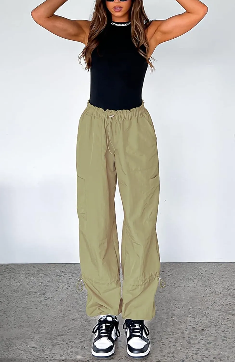 Waitfairy Cargo Pants Women Drawstring Elastic Waist Baggy Parachute Pants Woman Y2K Bottoms with Multiple Pockets
