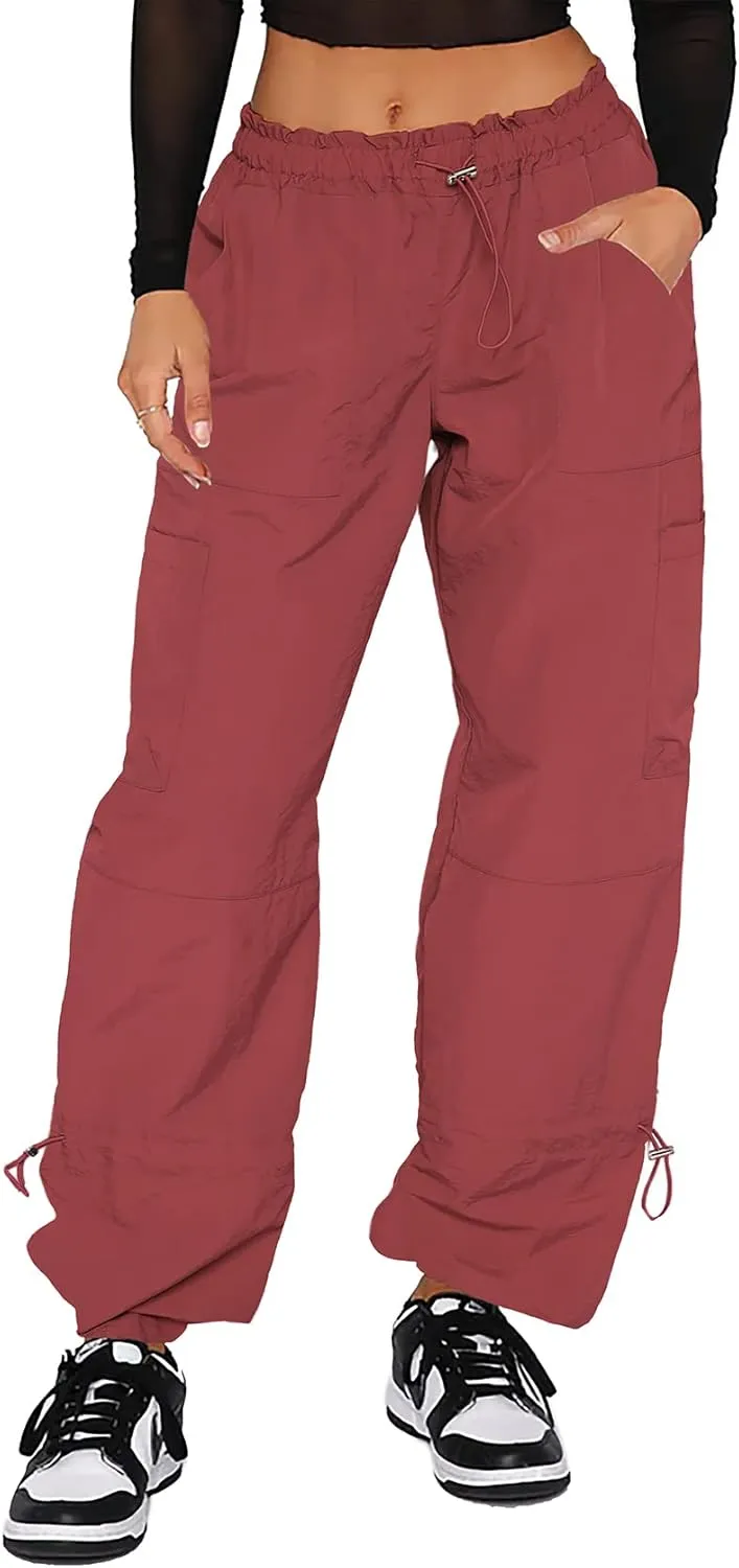 Waitfairy Cargo Pants Women Drawstring Elastic Waist Baggy Parachute Pants Woman Y2K Bottoms with Multiple Pockets