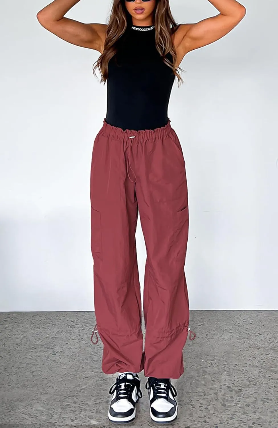 Waitfairy Cargo Pants Women Drawstring Elastic Waist Baggy Parachute Pants Woman Y2K Bottoms with Multiple Pockets