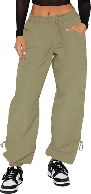 Waitfairy Cargo Pants Women Drawstring Elastic Waist Baggy Parachute Pants Woman Y2K Bottoms with Multiple Pockets