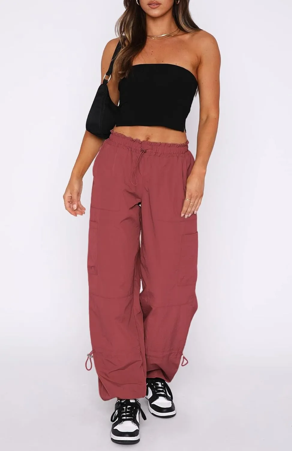 Waitfairy Cargo Pants Women Drawstring Elastic Waist Baggy Parachute Pants Woman Y2K Bottoms with Multiple Pockets