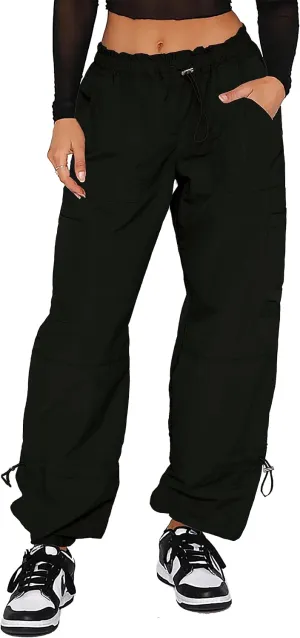 Waitfairy Cargo Pants Women Drawstring Elastic Waist Baggy Parachute Pants Woman Y2K Bottoms with Multiple Pockets