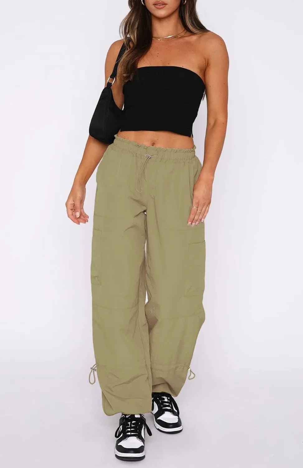 Waitfairy Cargo Pants Women Drawstring Elastic Waist Baggy Parachute Pants Woman Y2K Bottoms with Multiple Pockets