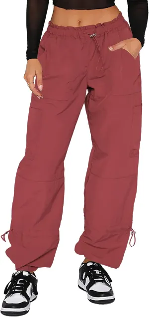 Waitfairy Cargo Pants Women Drawstring Elastic Waist Baggy Parachute Pants Woman Y2K Bottoms with Multiple Pockets