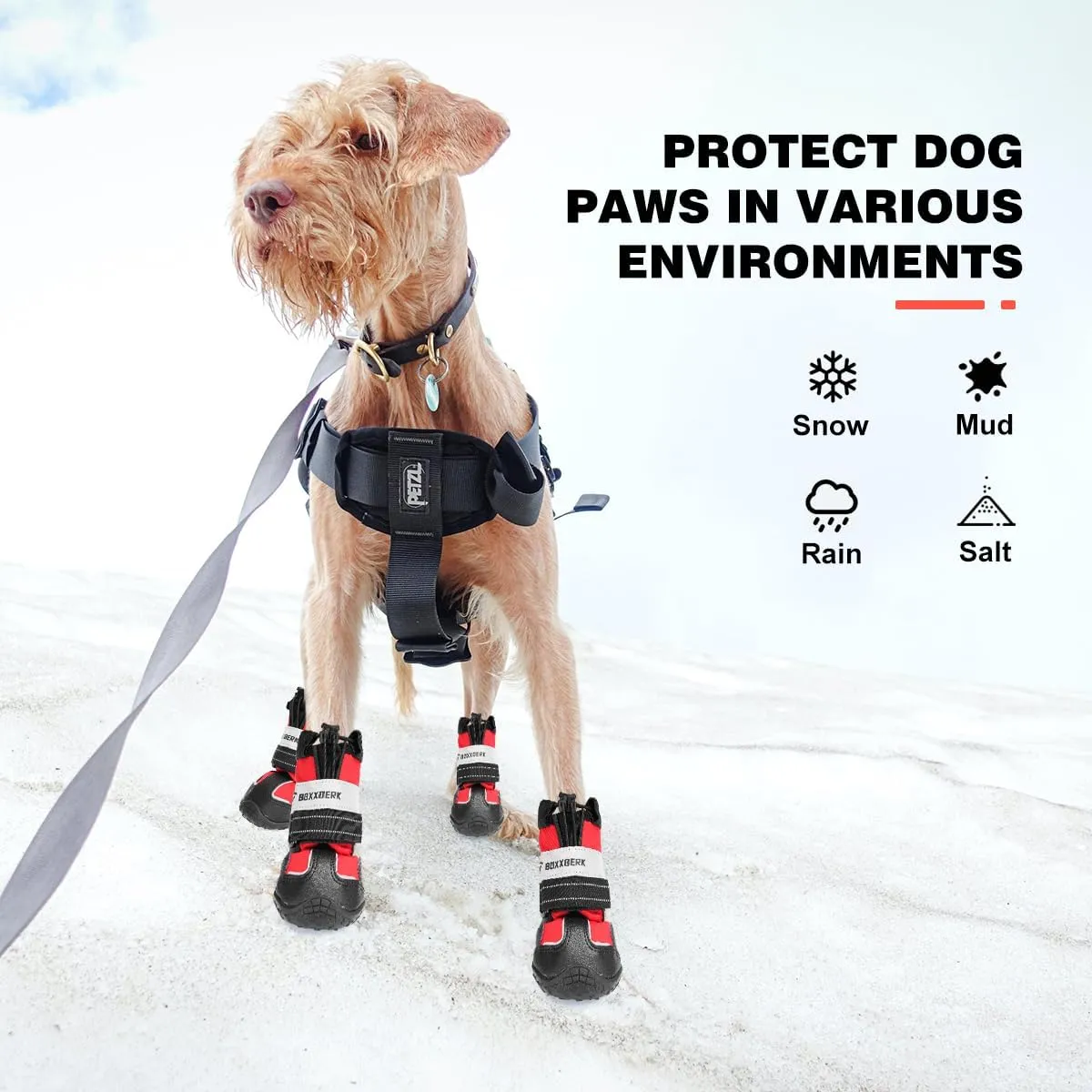 Waterproof Dog Boots,Dog Snow Shoes for Large Dogs,Anti-Slip Dog Booties for Winter with Ajustable Buckle,Paw Protector with Reflective Strap for Outdoor Hiking(Red,2.55")
