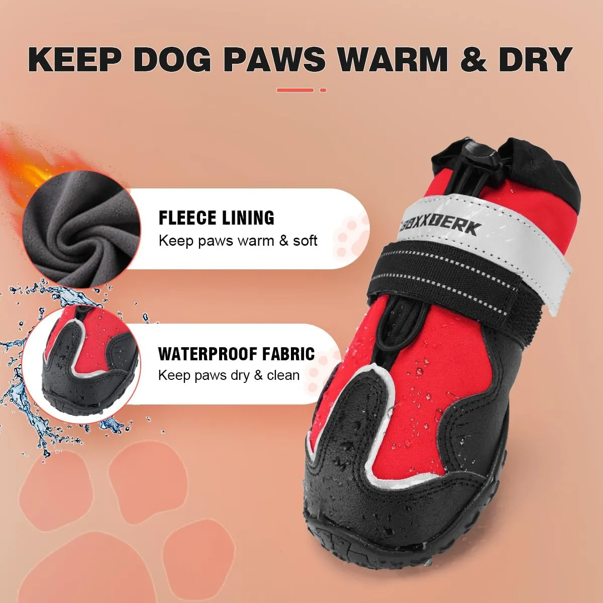 Waterproof Dog Boots,Dog Snow Shoes for Large Dogs,Anti-Slip Dog Booties for Winter with Ajustable Buckle,Paw Protector with Reflective Strap for Outdoor Hiking(Red,2.55")