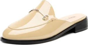 WAYDERNS Mules for Women Slides Loafer Shoes with Low Block Heel Round Closed Toe Comfortable Casual Patent Slip on Backless Loafers Work Business Office Shopping Buckle Mules