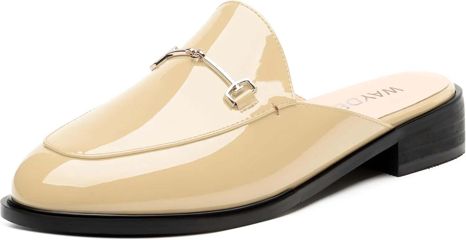 WAYDERNS Mules for Women Slides Loafer Shoes with Low Block Heel Round Closed Toe Comfortable Casual Patent Slip on Backless Loafers Work Business Office Shopping Buckle Mules