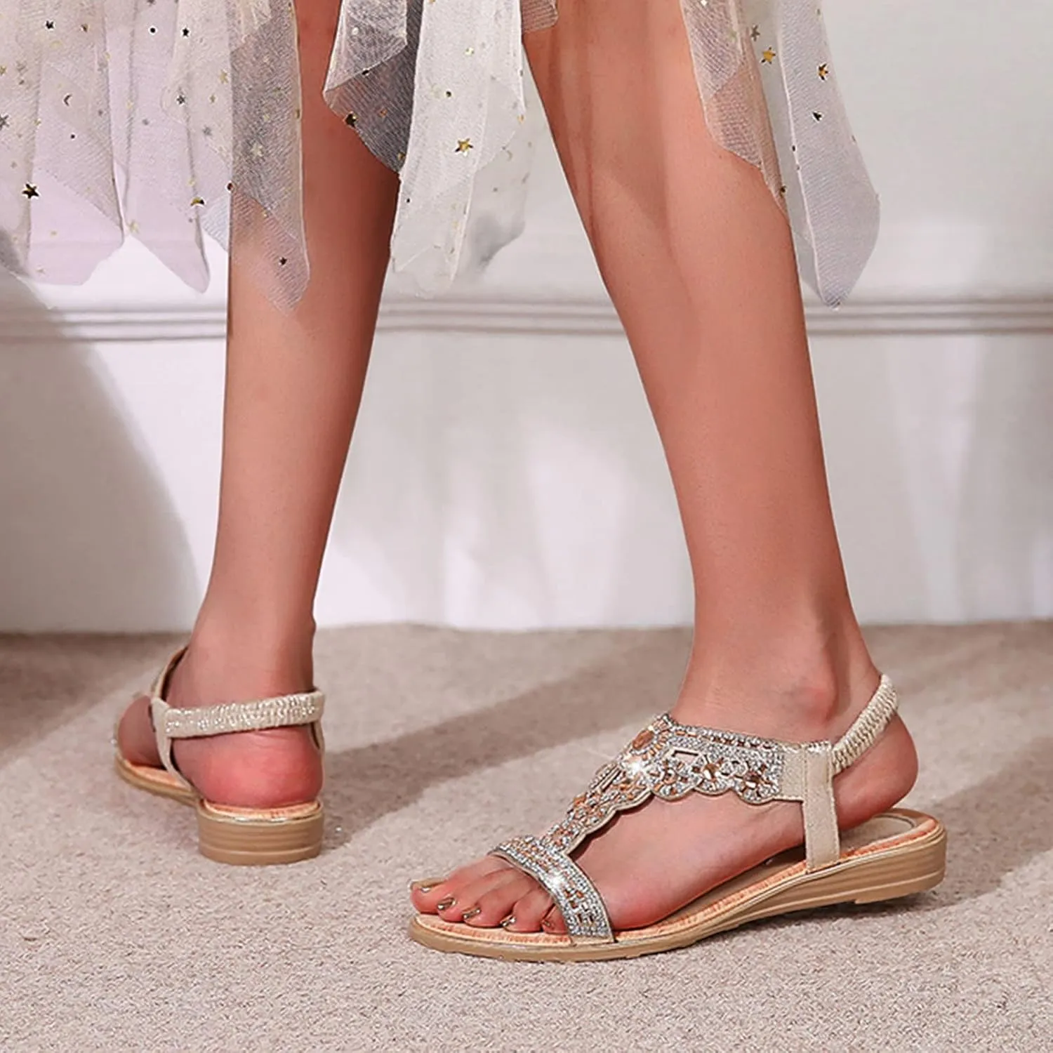 Wedge Sandals for Women 2024 Ladies Summer Fashion Rhinestone Bohemian Slope Heel Hollow Solid Colour Soft Flat Bottom