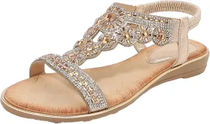 Wedge Sandals for Women 2024 Ladies Summer Fashion Rhinestone Bohemian Slope Heel Hollow Solid Colour Soft Flat Bottom