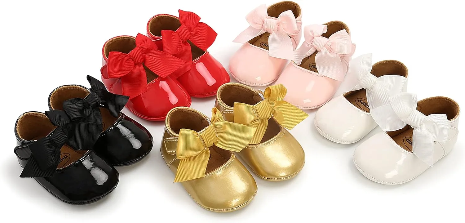 WILLFUN Baby Girls Mary Jane Flats with Bowknot Princess Party Dress Crib Shoes Non-Slip Soft Rubber Sole for Toddler First Walkers