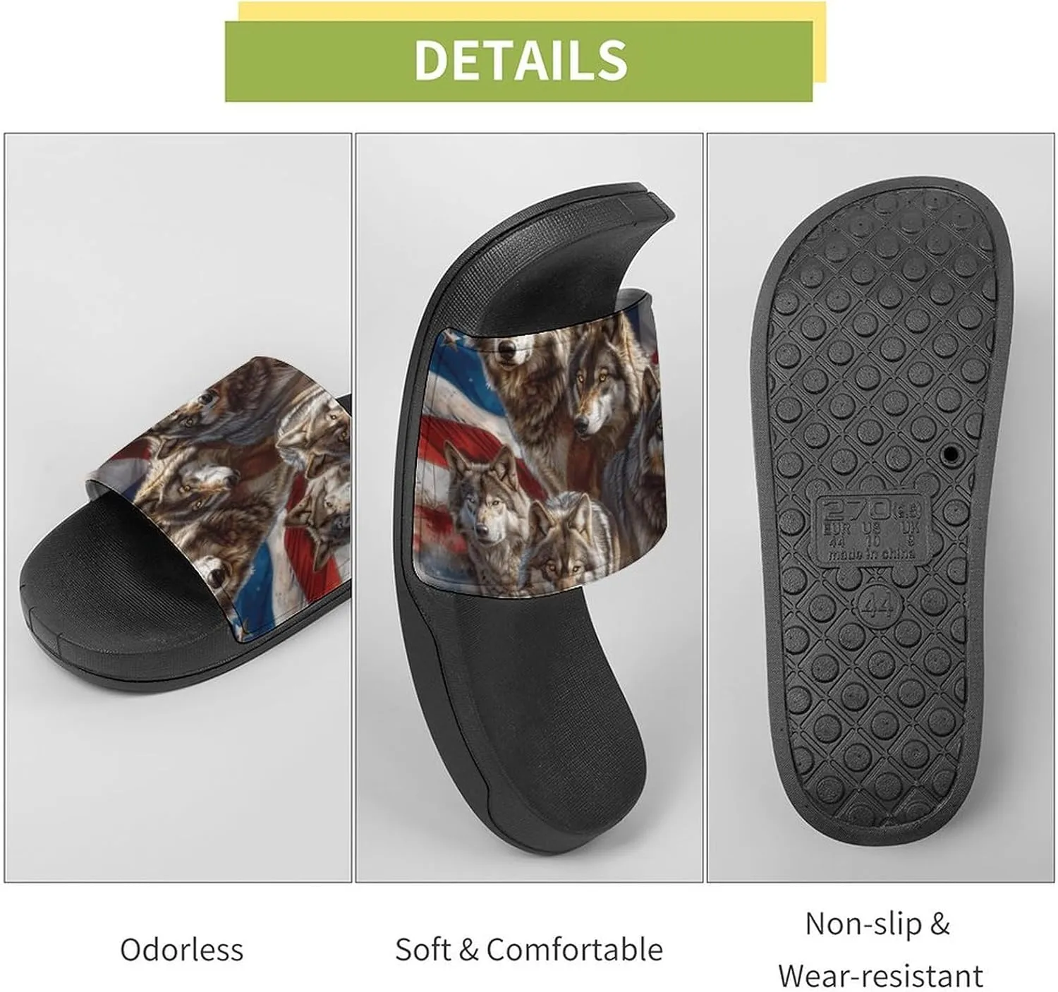 Wolf American Flag PVC Home Slippers Beach Shower Sandals Summer Non-Slip Outdoor Shoes for Men Women