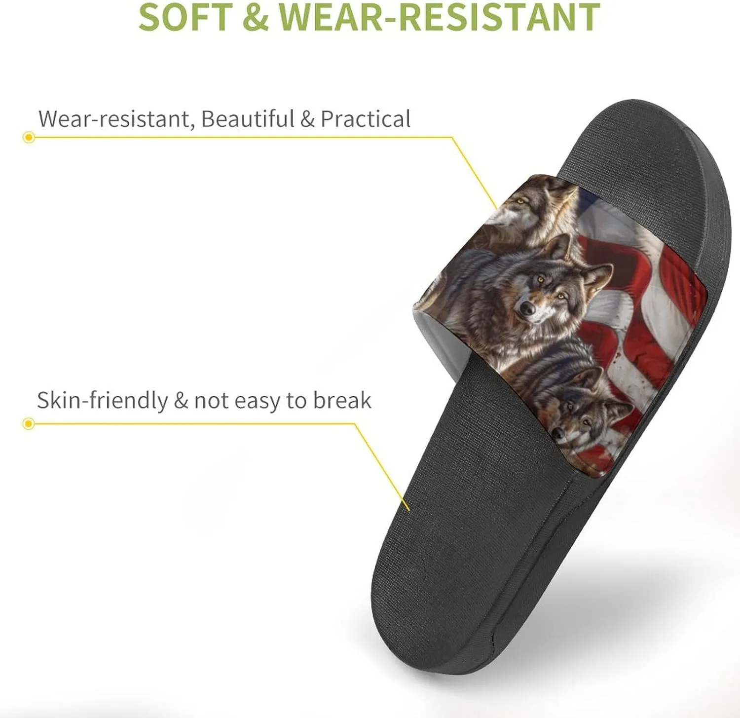 Wolf American Flag PVC Home Slippers Beach Shower Sandals Summer Non-Slip Outdoor Shoes for Men Women