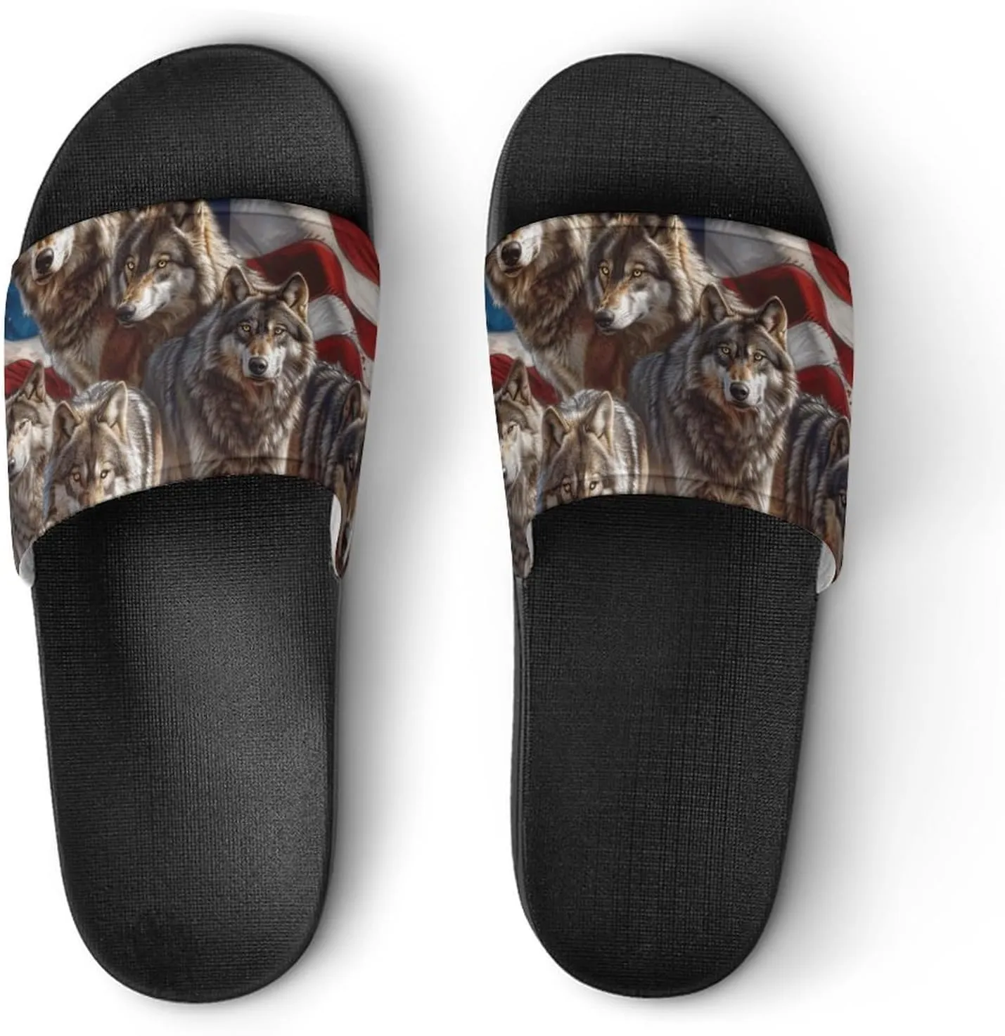 Wolf American Flag PVC Home Slippers Beach Shower Sandals Summer Non-Slip Outdoor Shoes for Men Women