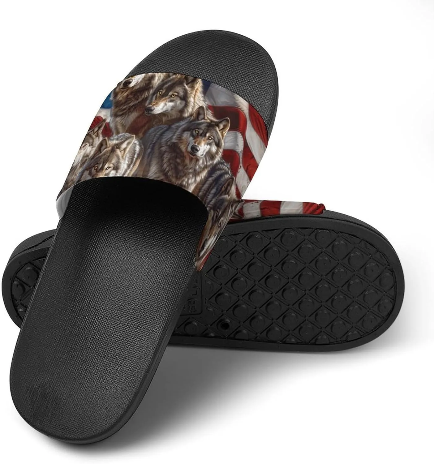 Wolf American Flag PVC Home Slippers Beach Shower Sandals Summer Non-Slip Outdoor Shoes for Men Women