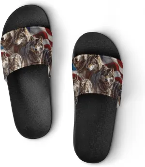 Wolf American Flag PVC Home Slippers Beach Shower Sandals Summer Non-Slip Outdoor Shoes for Men Women