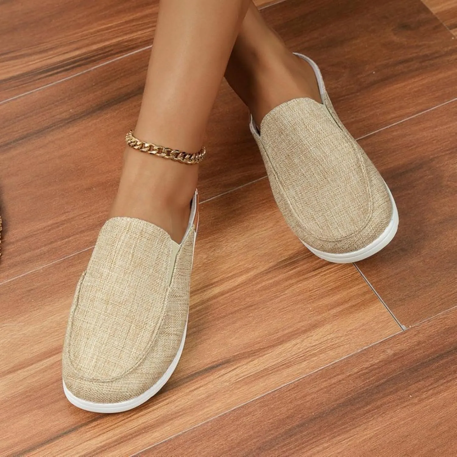 Women Canvas Slip On Lightweight Mule Sneaker,Summer Fashion Open Back Flats Walking Shoes Closed Round Toe Low Non-Slip Sneakers 2025 Top Casual Loafer Comfort